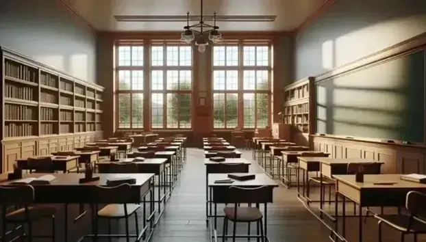 Aula escolar vacía con filas de pupitres de madera, pizarra grande al fondo y estantería con libros, iluminada por luz natural de ventana y fluorescente.