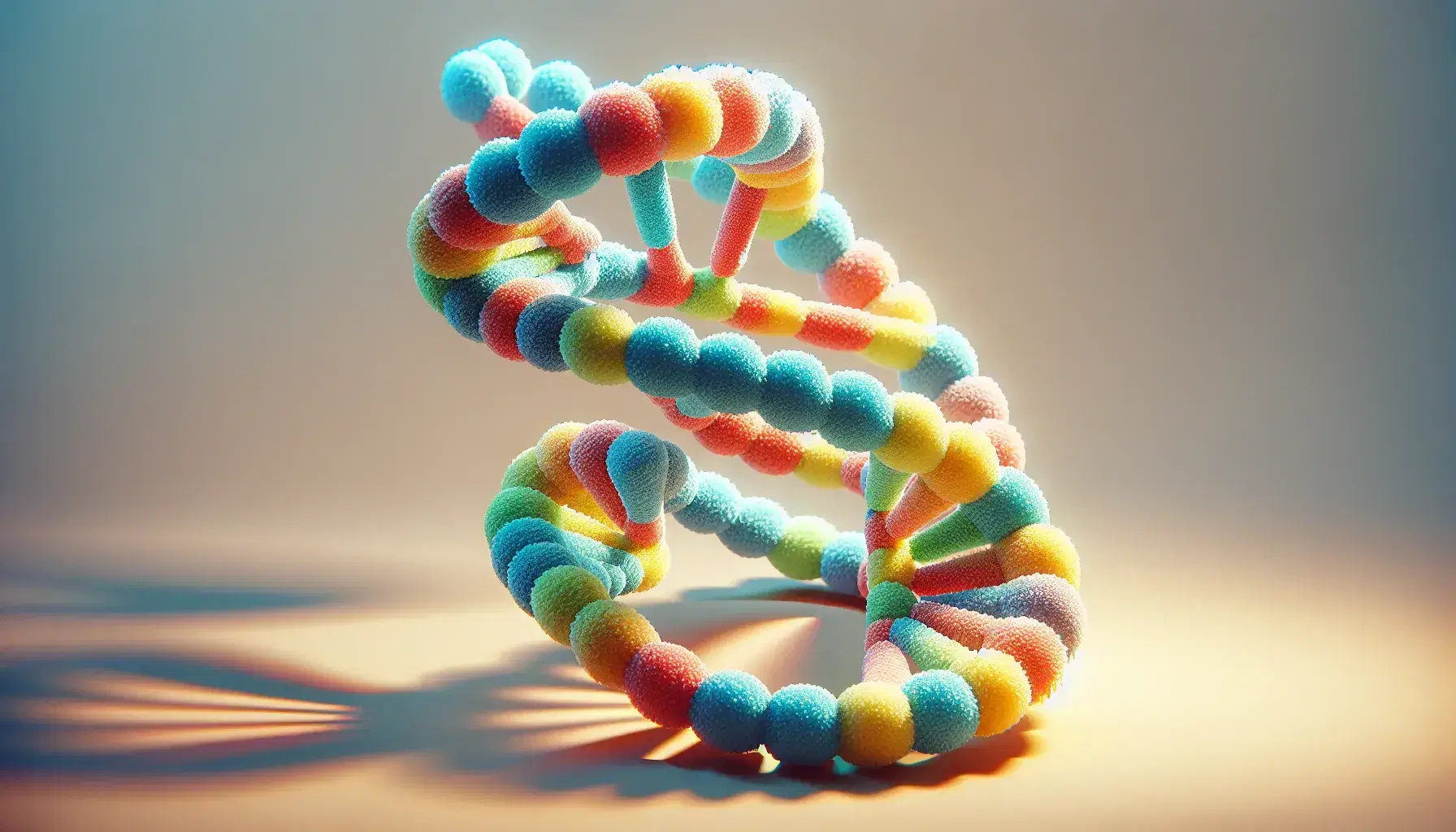 Estructura tridimensional detallada de una doble hélice de ADN con pares de bases en colores contrastantes y fondo neutro que resalta su complejidad.