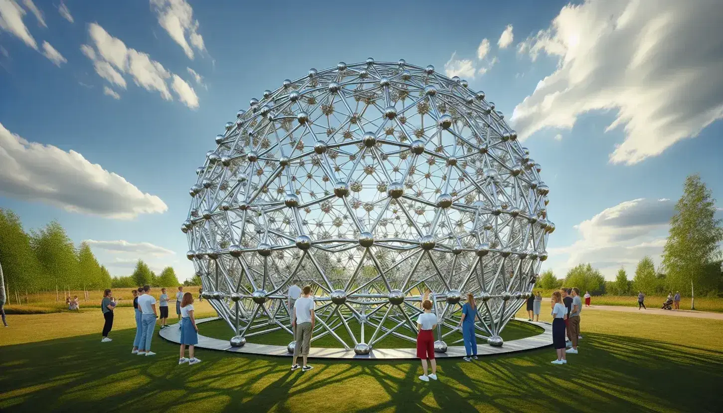 Estructura de cúpula geodésica metálica al aire libre con piezas entrelazadas sobre césped verde, bajo cielo azul con personas observando.