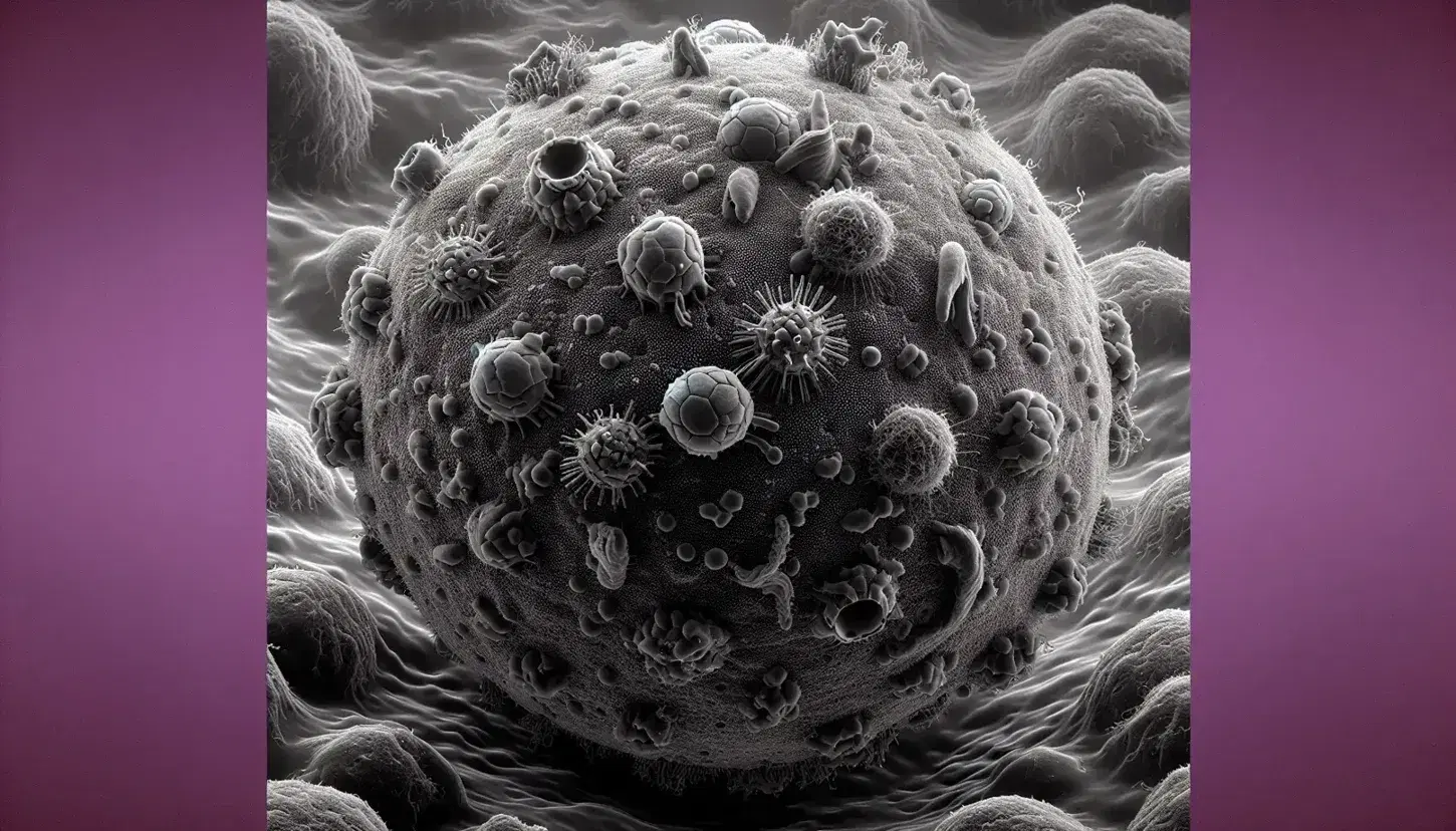 Microscopía electrónica de barrido muestra superficie celular con partículas virales, destacando estructuras esféricas y icosahedrales con apéndices filamentosos en escala de grises.
