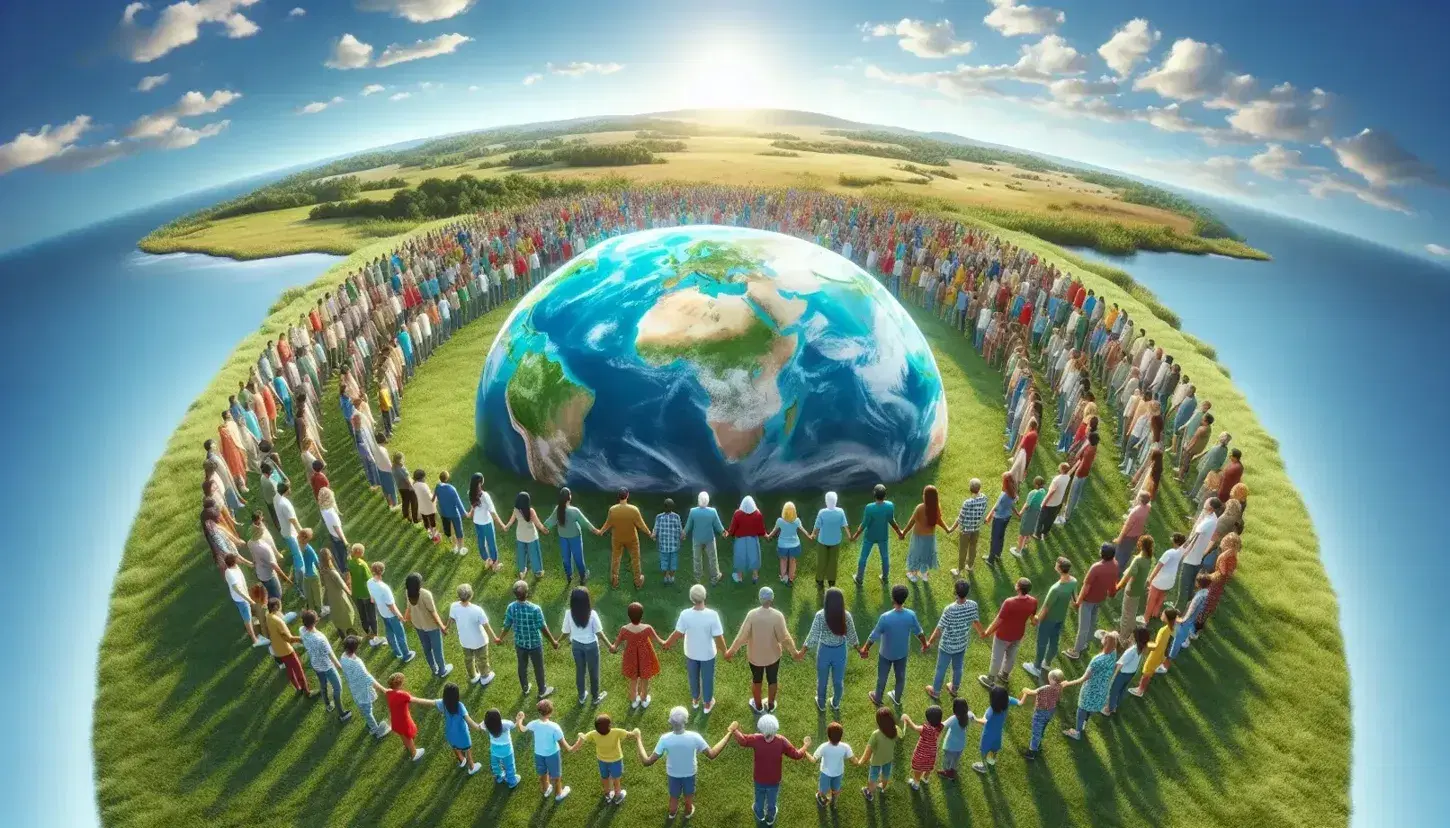 Gruppo multietnico unito in cerchio tenendosi per mano attorno a un globo terrestre, sotto un cielo azzurro e in un paesaggio naturale.