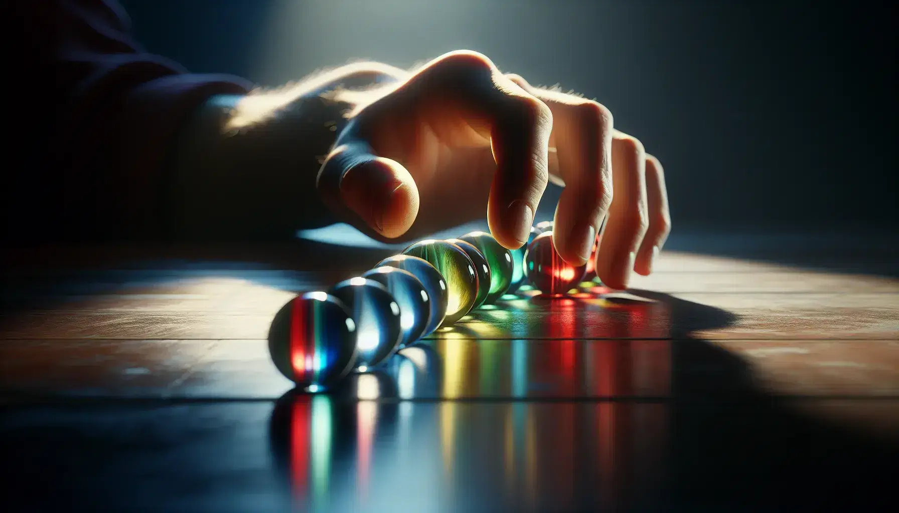 Caucasian adult hand with open fingers touching colorful marbles on dark wooden surface, soft reflections, serene atmosphere.