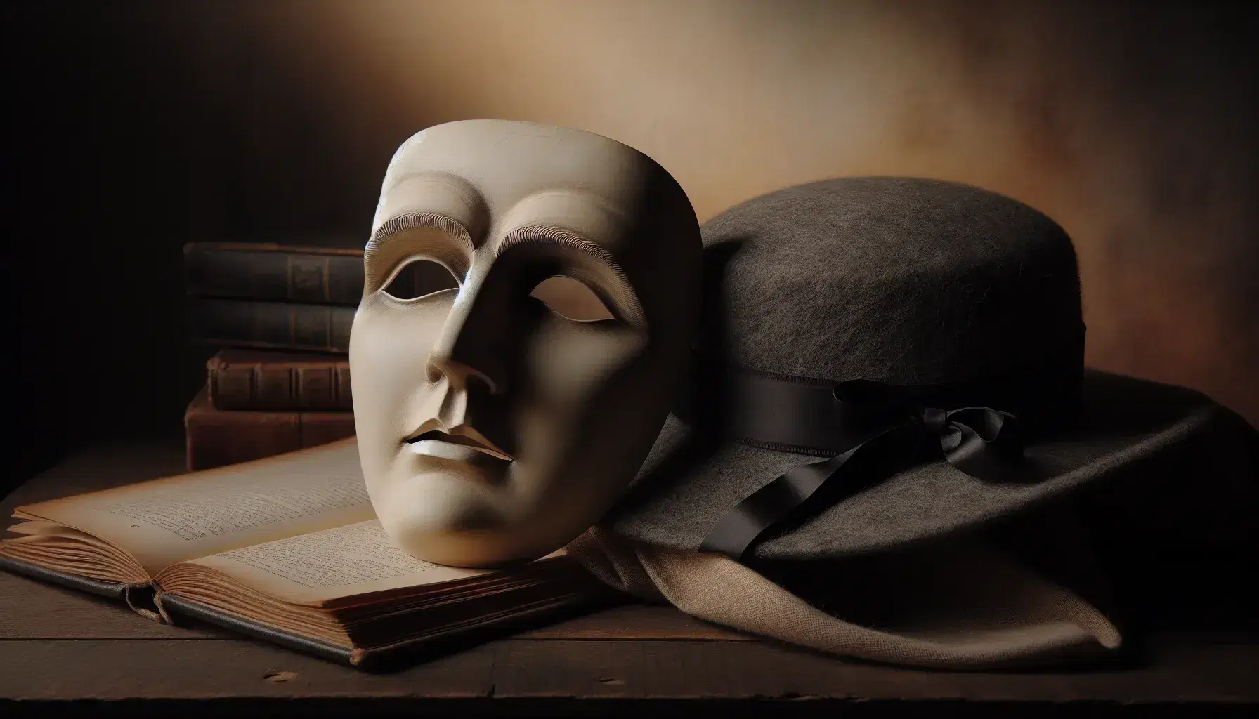 Maschera teatrale antica su tavolo scuro con cappello grigio e libro aperto sfocato sullo sfondo, atmosfera intima.