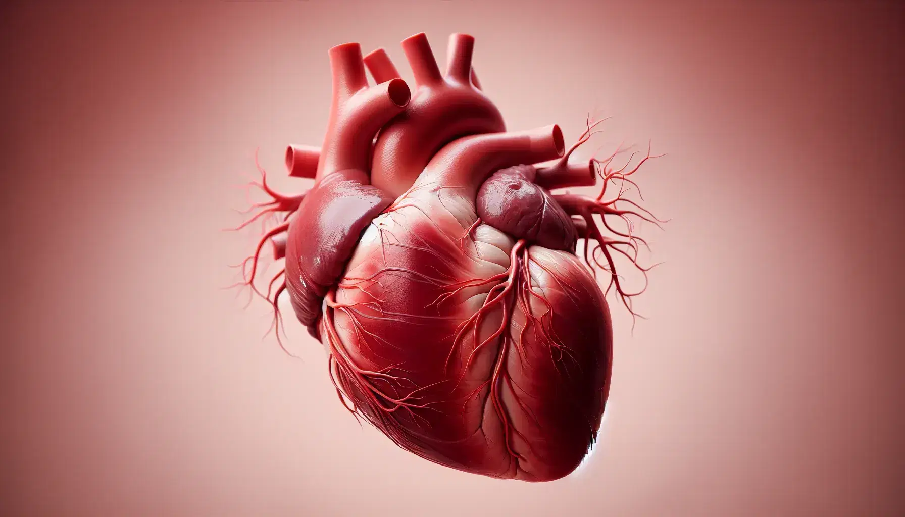 Corazón humano realista y detallado con arterias coronarias visibles en tonos rojos y rosas, mostrando las estructuras anatómicas principales contra un fondo neutro.
