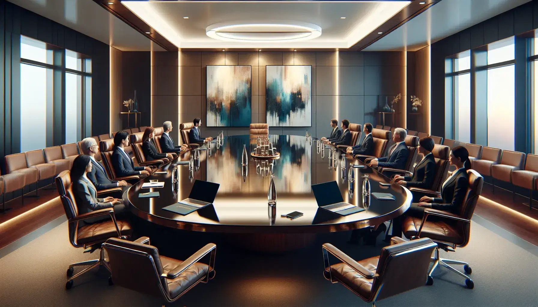 Diverse professionals in a modern boardroom with a large wooden table, high-back chairs, laptops, and abstract art, overlooking a cityscape.