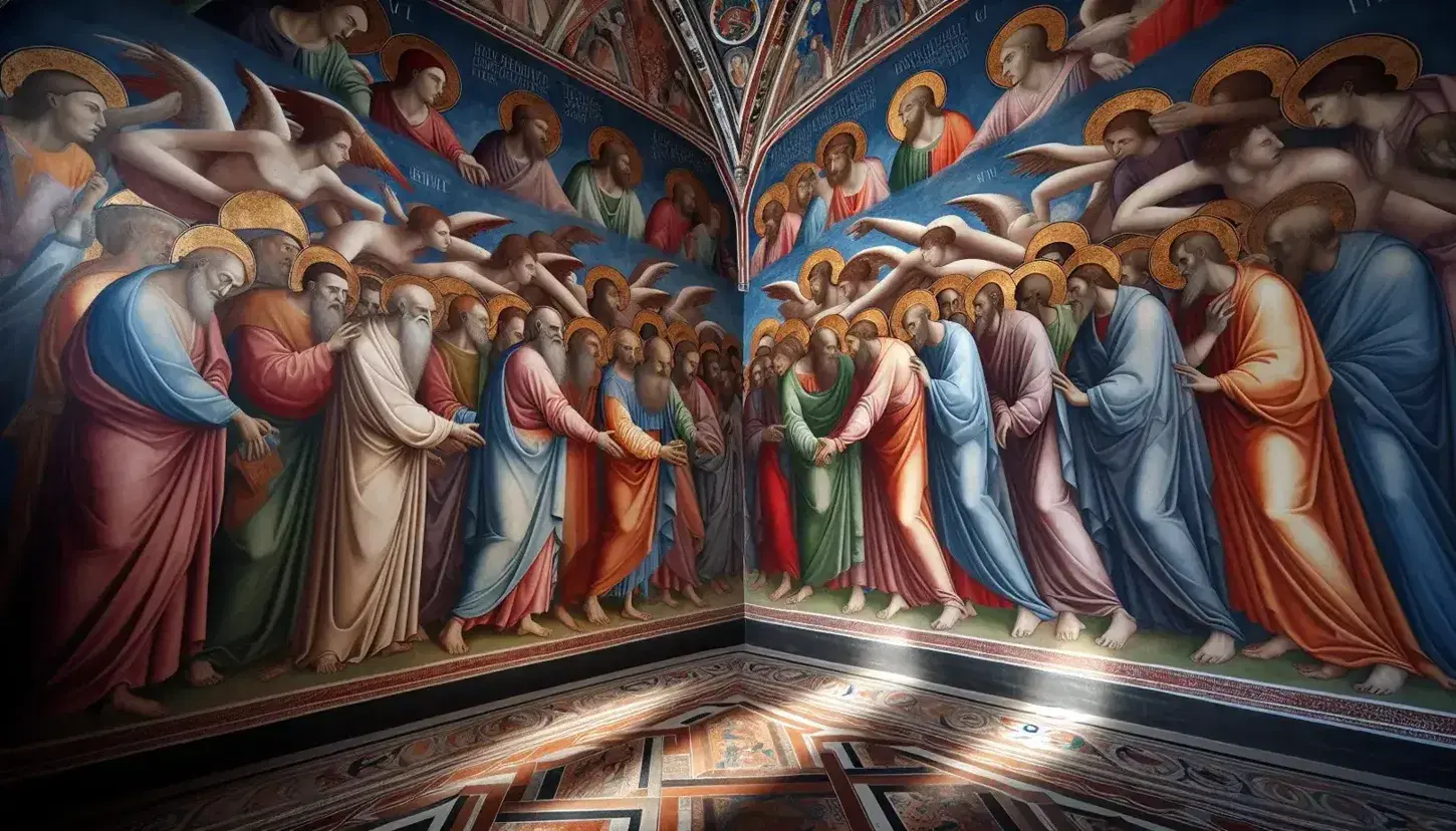 Affresco "Il Bacio di Giuda" di Giotto nella Cappella degli Scrovegni, con figure in abiti medievali e sfondo azzurro.