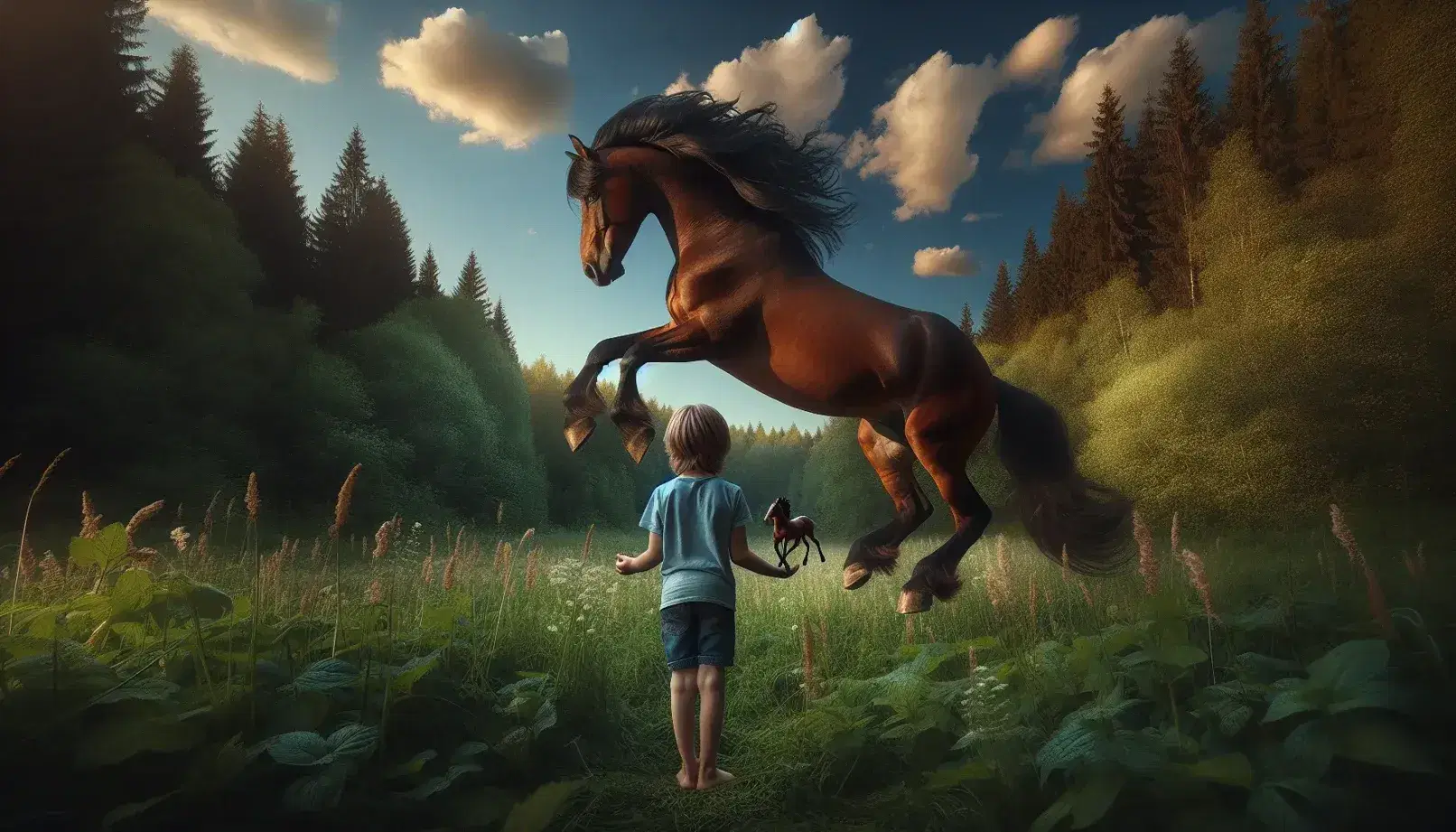 Child in meadow playing with horse figurine, real horse galloping above, forest backdrop under a blue sky with wispy clouds.