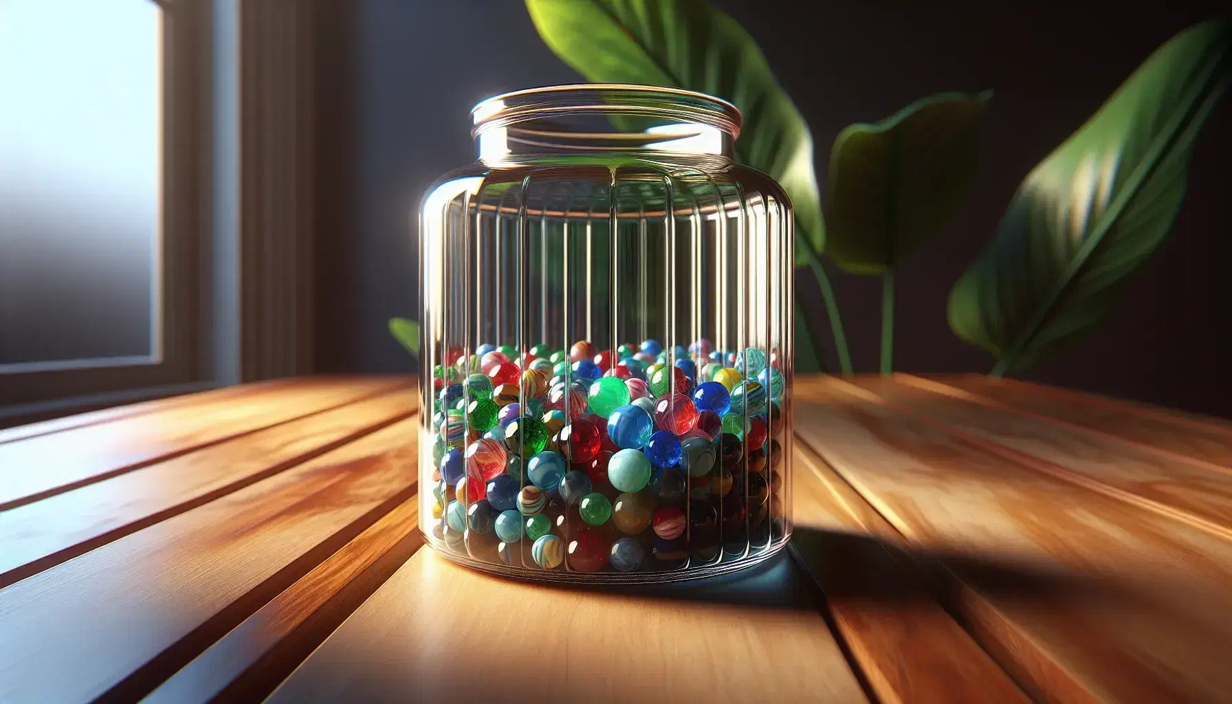 Transparent glass jar full of colorful marbles on wooden table, with soft shadow and blurred green plant background.