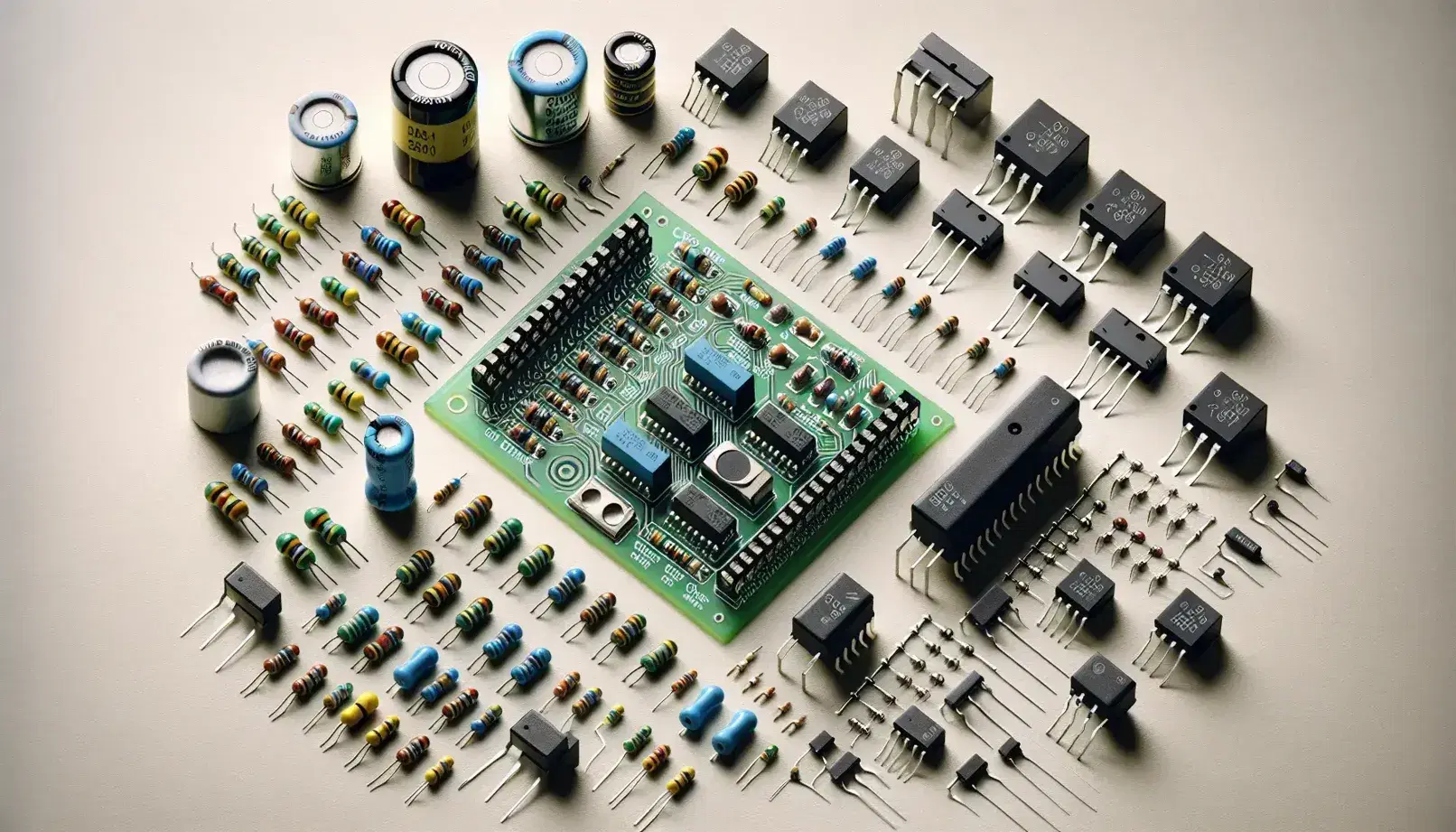 Componentes electrónicos variados sobre superficie clara, incluyendo PCB verde, resistencias, capacitores, inductores, diodos y transistores.