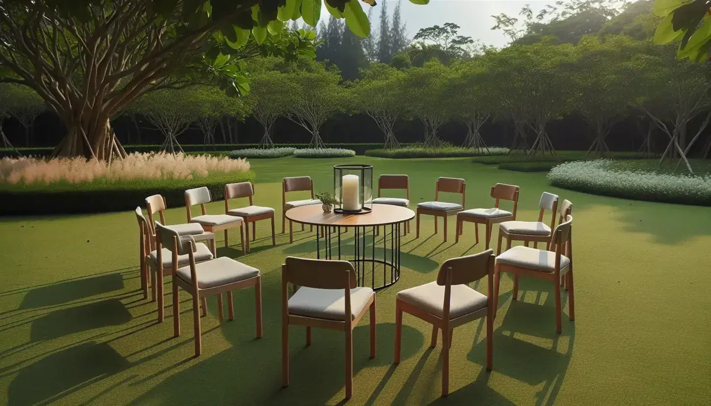 Círculo de sillas vacías de madera con asientos beige en jardín, mesa con vela en centro, rodeado de árboles y flores en día soleado.