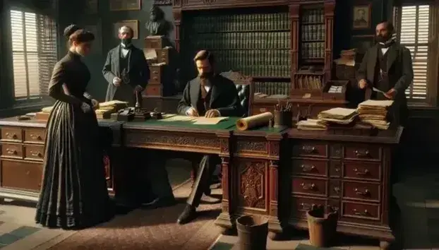 Historical scene in a nineteenth-century office with man sitting behind wooden desk, woman and man standing, archive cabinet and illuminated window.