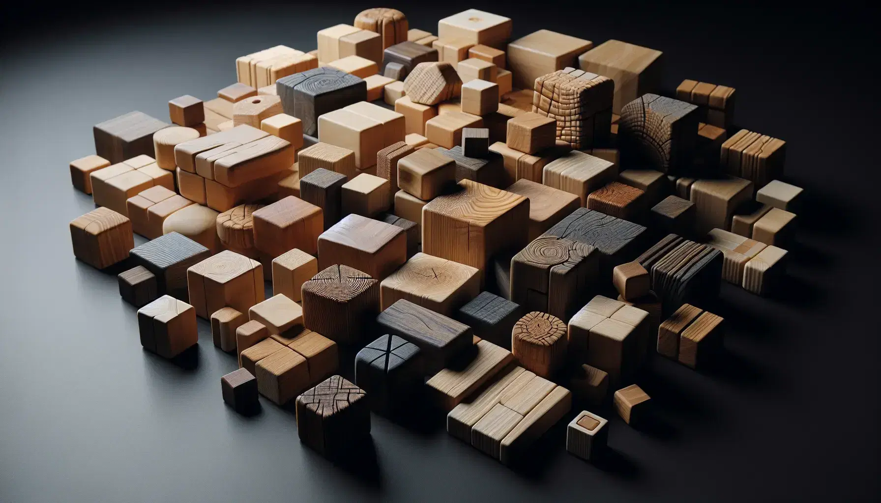 Close-up view of irregular wooden blocks on a matte black surface, with a small, precarious stack in the foreground casting soft shadows.