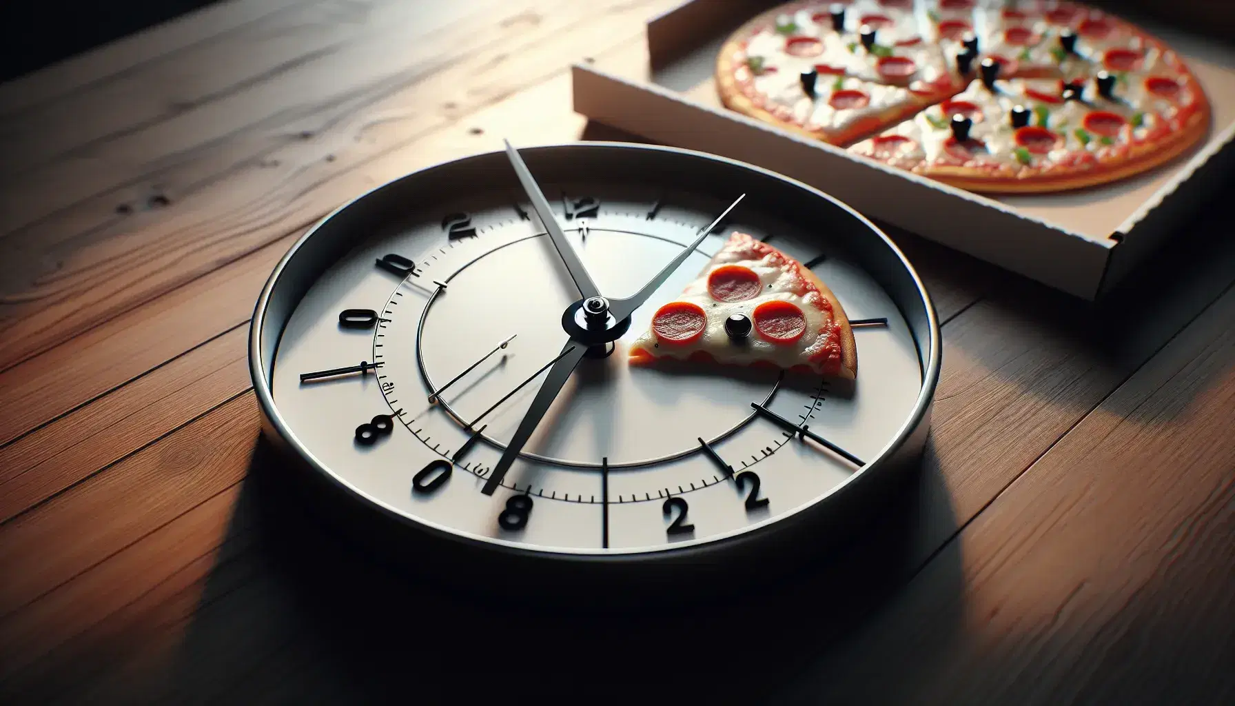Analog wall clock at 10:10 with red second hand over a blurred background featuring a partially sliced pizza with colorful toppings.