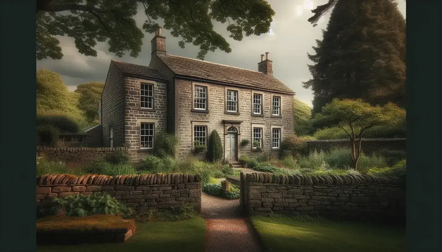 Brontë Parsonage Museum, Emily Brontë's former home, with a stone facade, slate roof, white windows, and a lush garden under a cloudy sky.