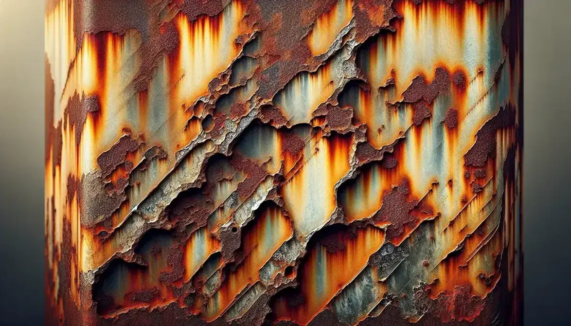 Textura de metal oxidado con patrones irregulares en tonos marrones, rojizos y naranjas, y áreas grises del metal base, destacando la corrosión y el desgaste.