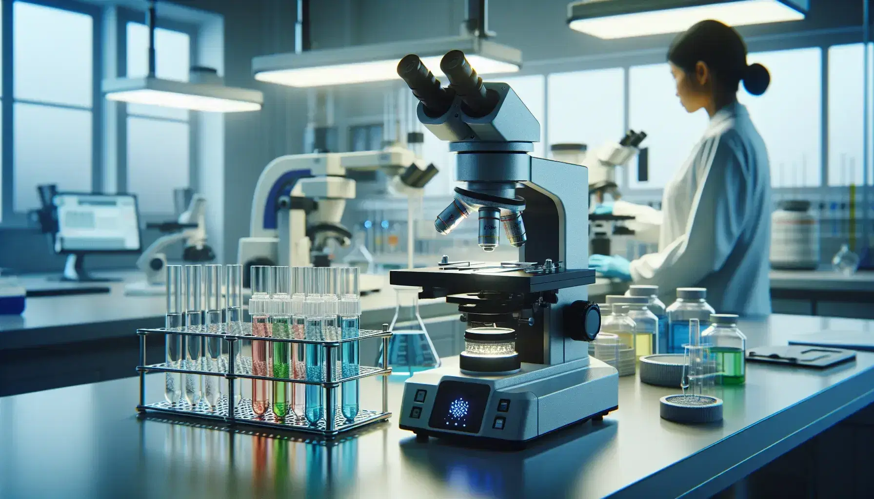 Laboratorio de investigación biomédica con microscopio electrónico, tubos de ensayo con líquidos de colores y científica utilizando microscopio óptico.
