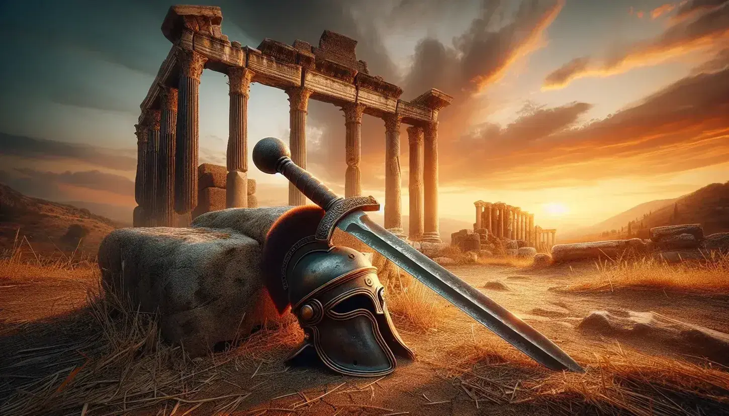 Spada romana gladius conficcata nel suolo arido con elmo galea accanto, sullo sfondo rovine di un tempio al tramonto.