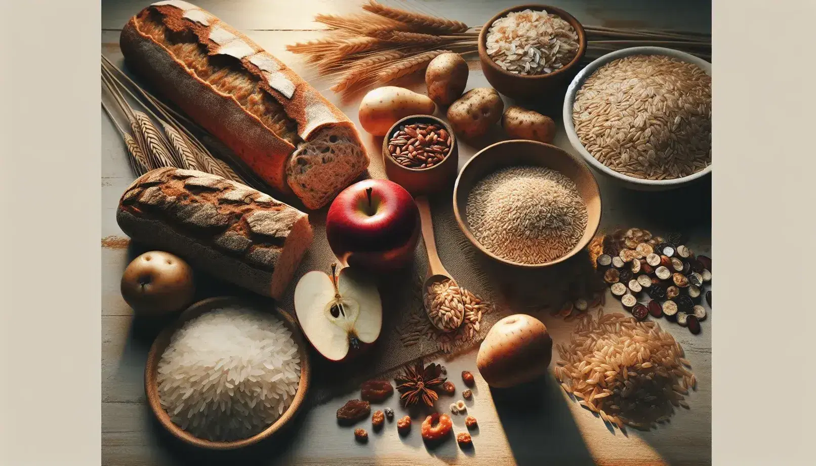 Variedad de alimentos saludables sobre superficie de madera clara con granos de trigo, rebanada de pan integral, manzana roja, arroz blanco, copos de avena y patata marrón.