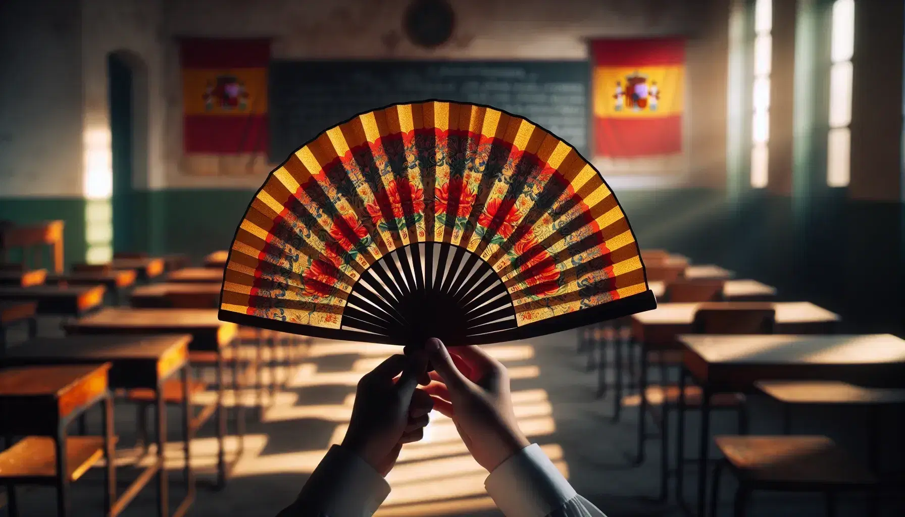 Hands holding a vibrant red and yellow Spanish fan with floral and geometric patterns, set against a soft-focus classroom backdrop.