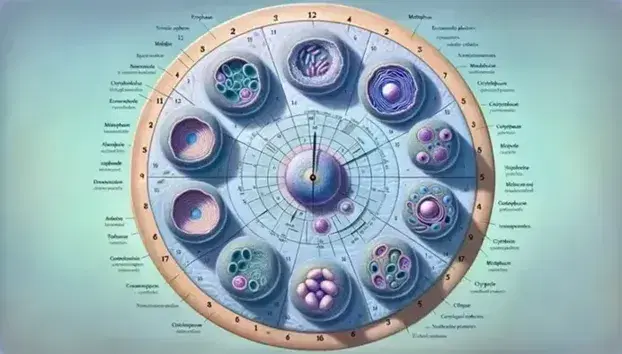 Animal cells in various phases of mitosis arranged like a clock, from interphase to cytokinesis, with realistic color and structural details.