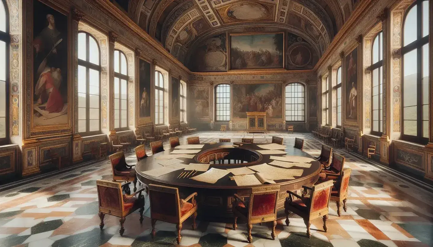Aula storica con tavolo ovale in legno, sedie in velluto rosso, carte e penne d'oca, affreschi beige e oro, quadri e pavimento a scacchi.
