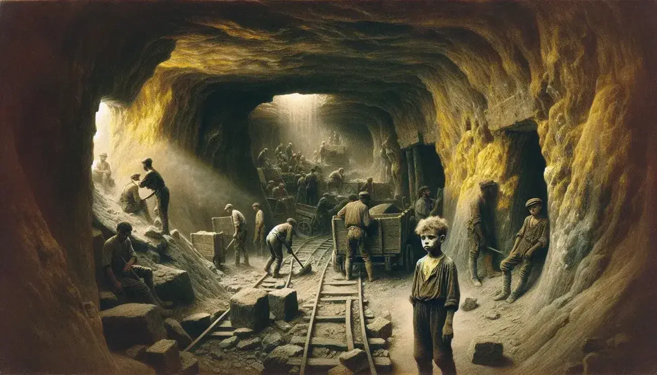 Minatori stanchi lavorano in una miniera di zolfo, con pareti ocra e marrone, mentre un giovane Ciàula osserva pensieroso e un sorvegliante controlla.