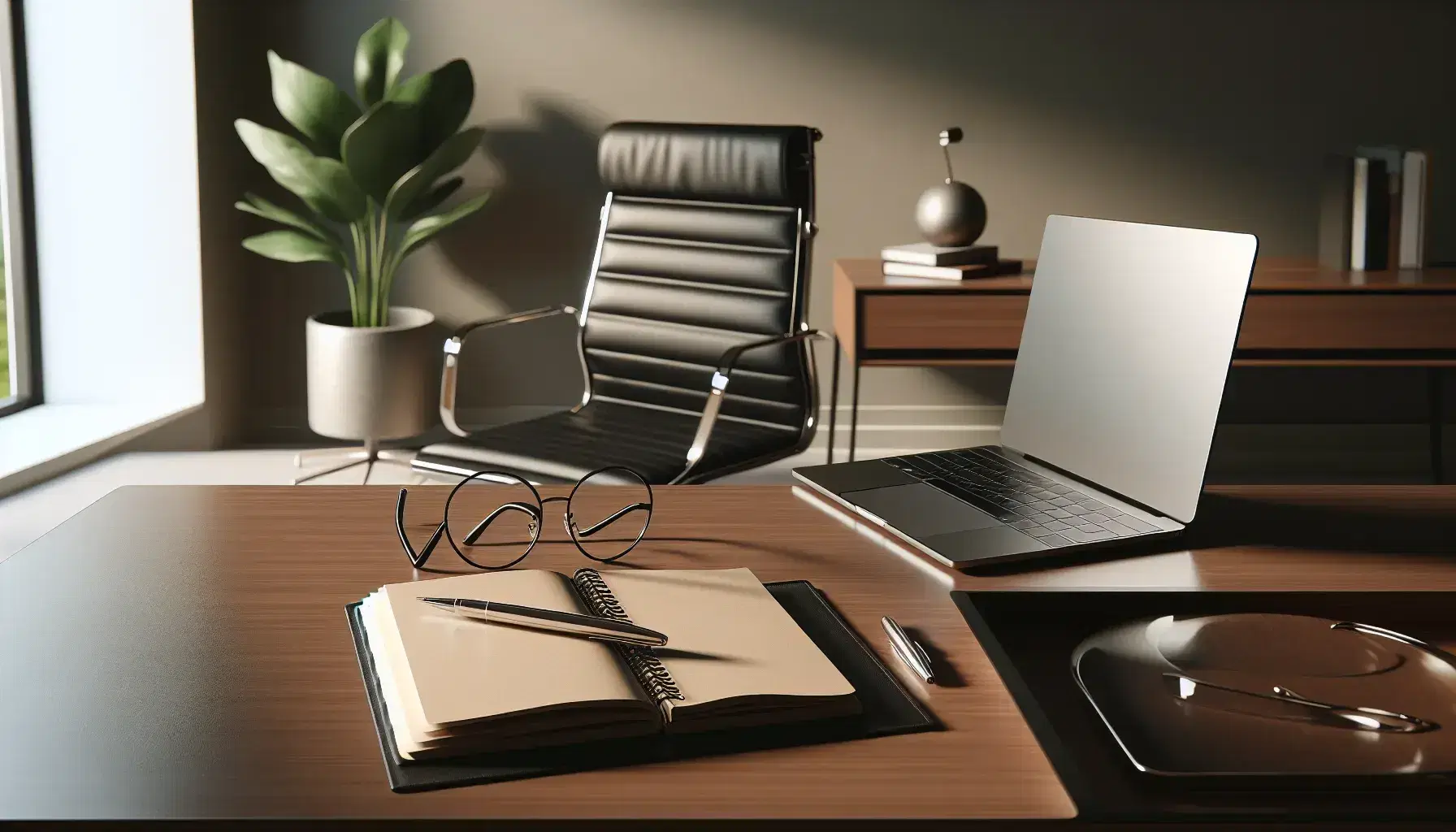 Tidy office with dark wooden desk, silver laptop, glasses and open notebook, black leather chair and green plant on coffee table.