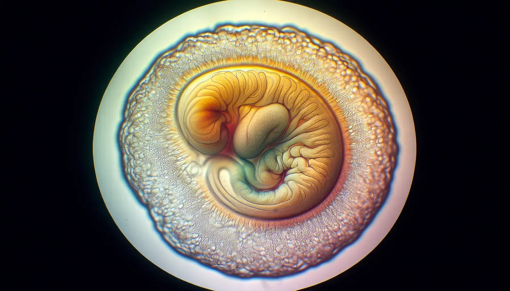 EmbriodiPolloGastrulazione_microscopio, struttura semi-trasparente con solco primitivo scuro e disco germinale chiaro, sfondo sfocato.
