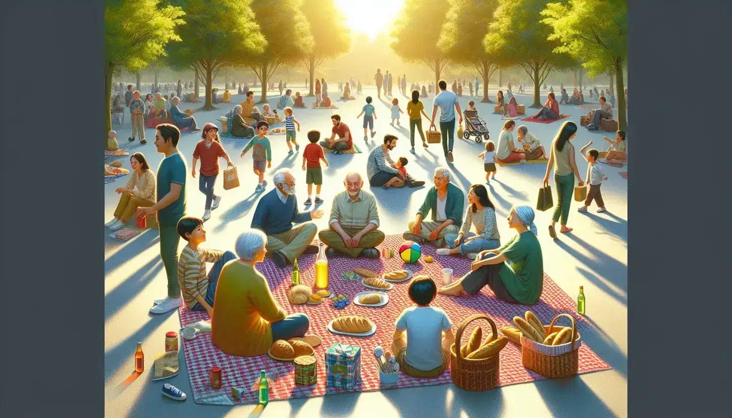 Grupo diverso disfrutando de un picnic en un parque soleado, con niños jugando, una pareja mayor paseando y una persona leyendo.
