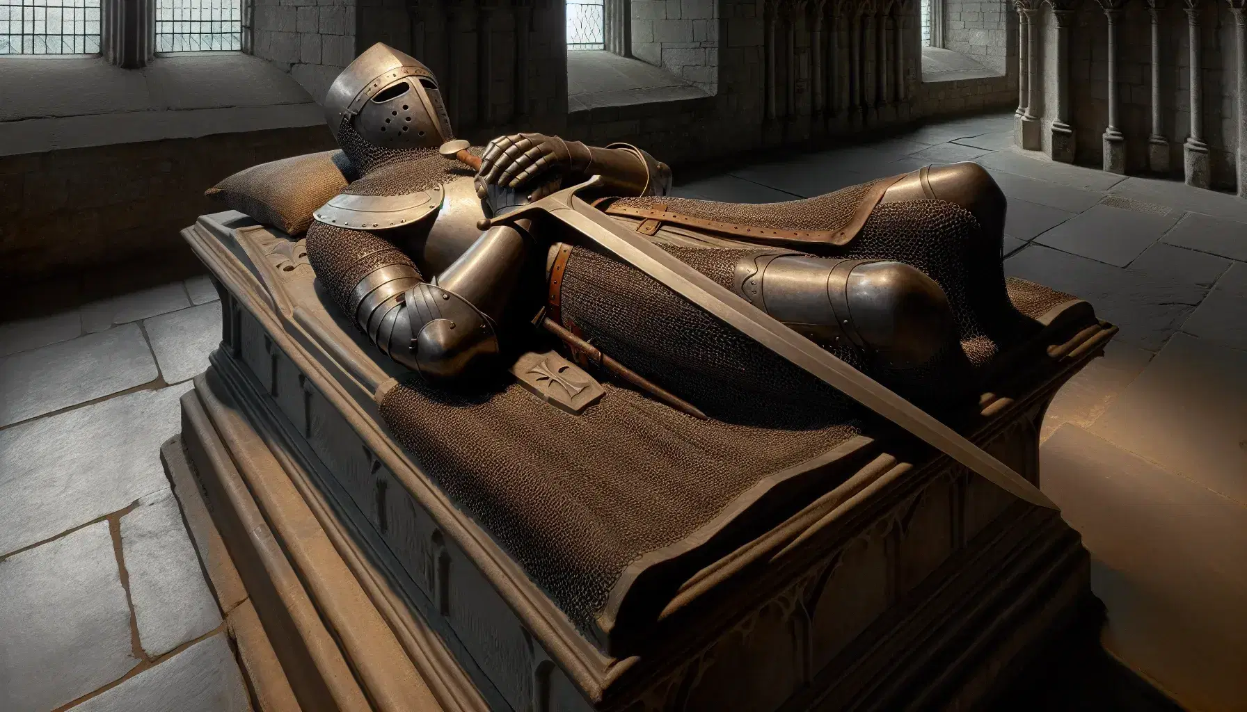 Medieval knight effigy in full armor atop a stone tomb, hands clasped in prayer over a sword, in a dimly lit vaulted chamber.