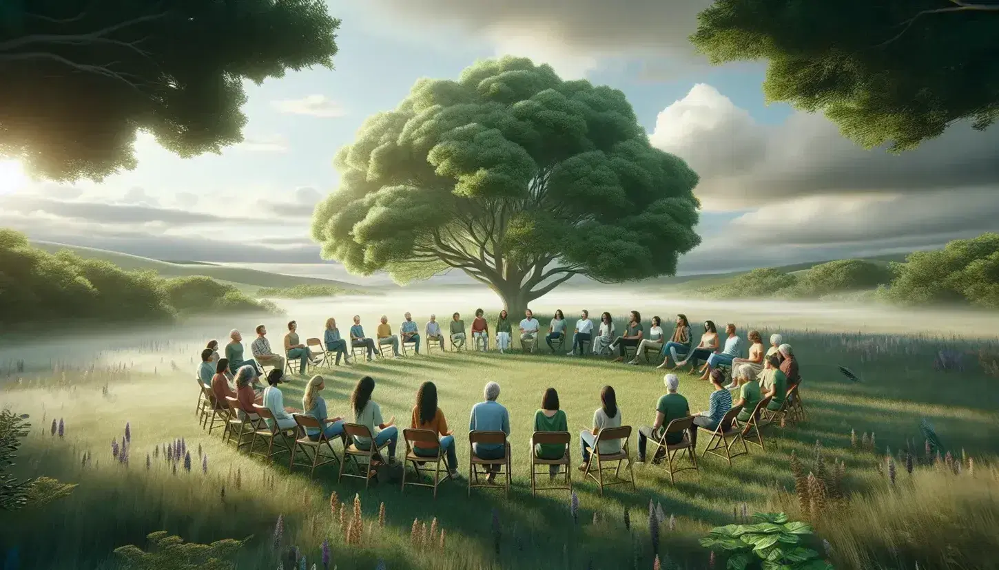 Grupo diverso de adultos sentados en círculo en un entorno natural dialogando bajo la sombra de un árbol, sin dispositivos electrónicos y con un fondo de colinas y cielo parcialmente nublado.