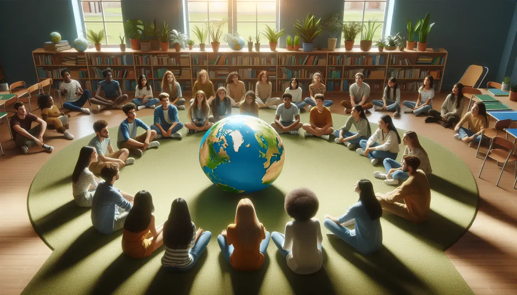 Estudiantes diversos sentados en círculo en un aula observando y señalando un globo terráqueo, con estanterías de libros y plantas al fondo.
