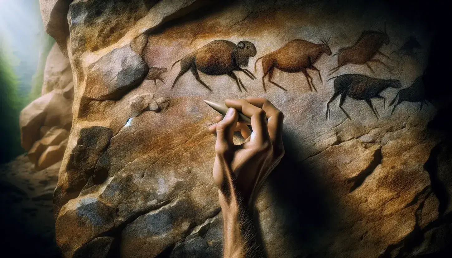 Mano destra umana con pelle chiara che incide figure stilizzate di animali su parete di caverna con strumento appuntito.