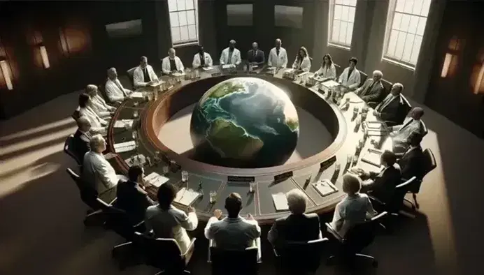 International group of scientists and politicians focused on a three-dimensional globe during a conference, in a naturally lit room.