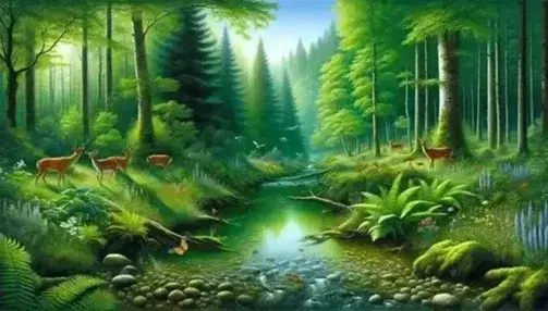 Lush forest landscape with a clear stream, pebbles, small fish, diverse trees, ferns, wildflowers, grazing deer family, and birds in flight under a sunny sky.