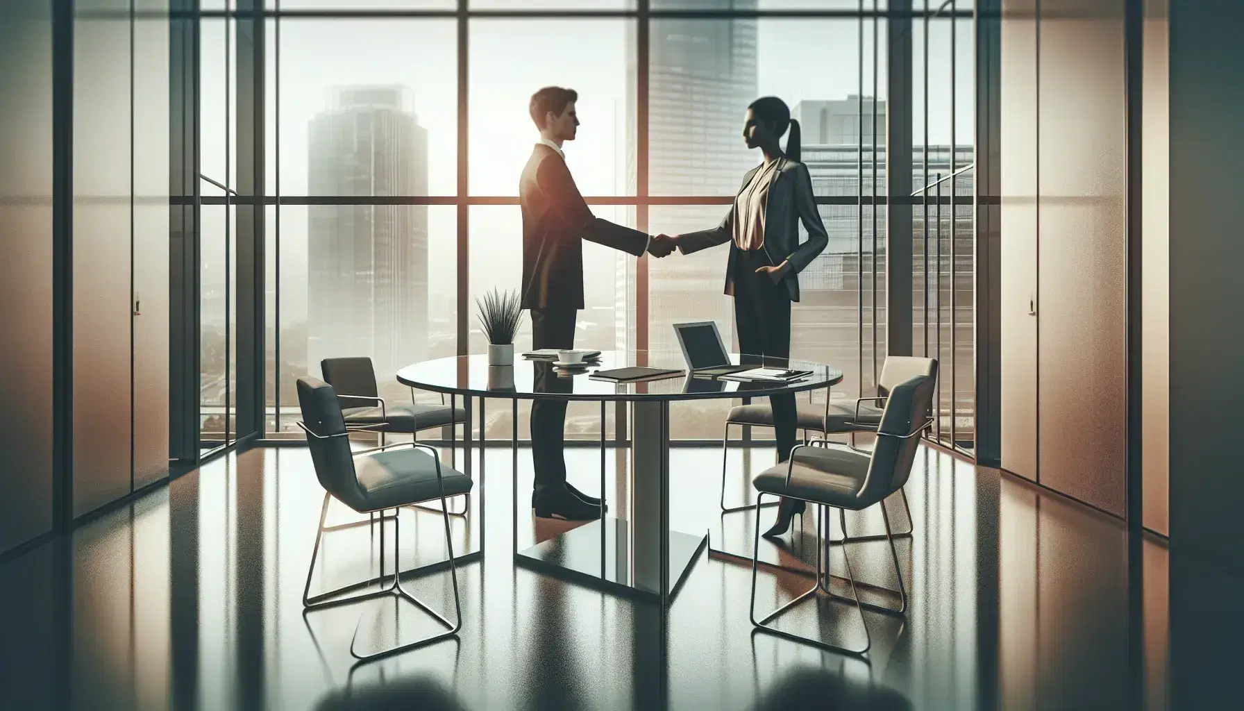 Dos profesionales se dan la mano en una oficina moderna con mesa de vidrio, dispositivos electrónicos y grandes ventanas que dejan entrar luz natural.