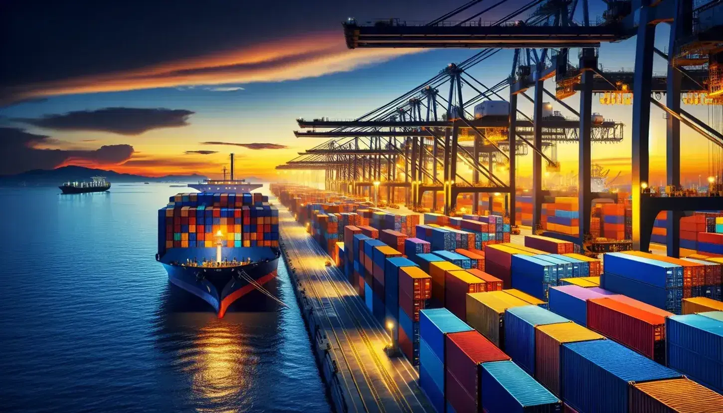 Multicolored shipping containers stacked at a busy port with towering yellow cranes and anchored ships against a sunset-reflected ocean.