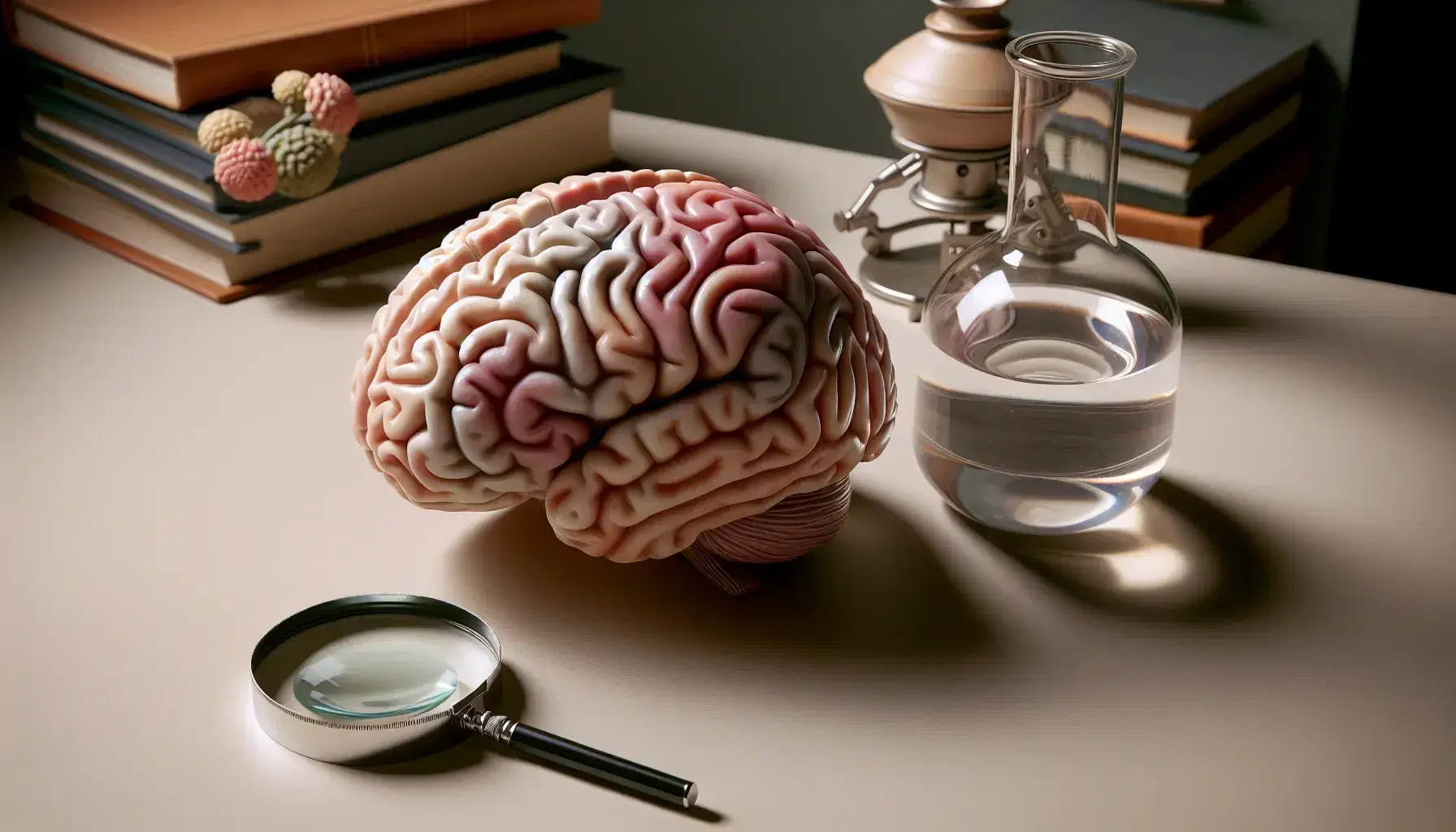 Detailed model of human brain on neutral table with transparent beaker, magnifying glass and green plant on background.