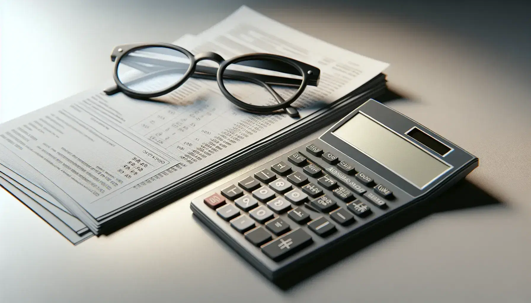Close-up view of a calculator alongside black-rimmed eyeglasses resting on a stack of white financial papers on a neutral background.