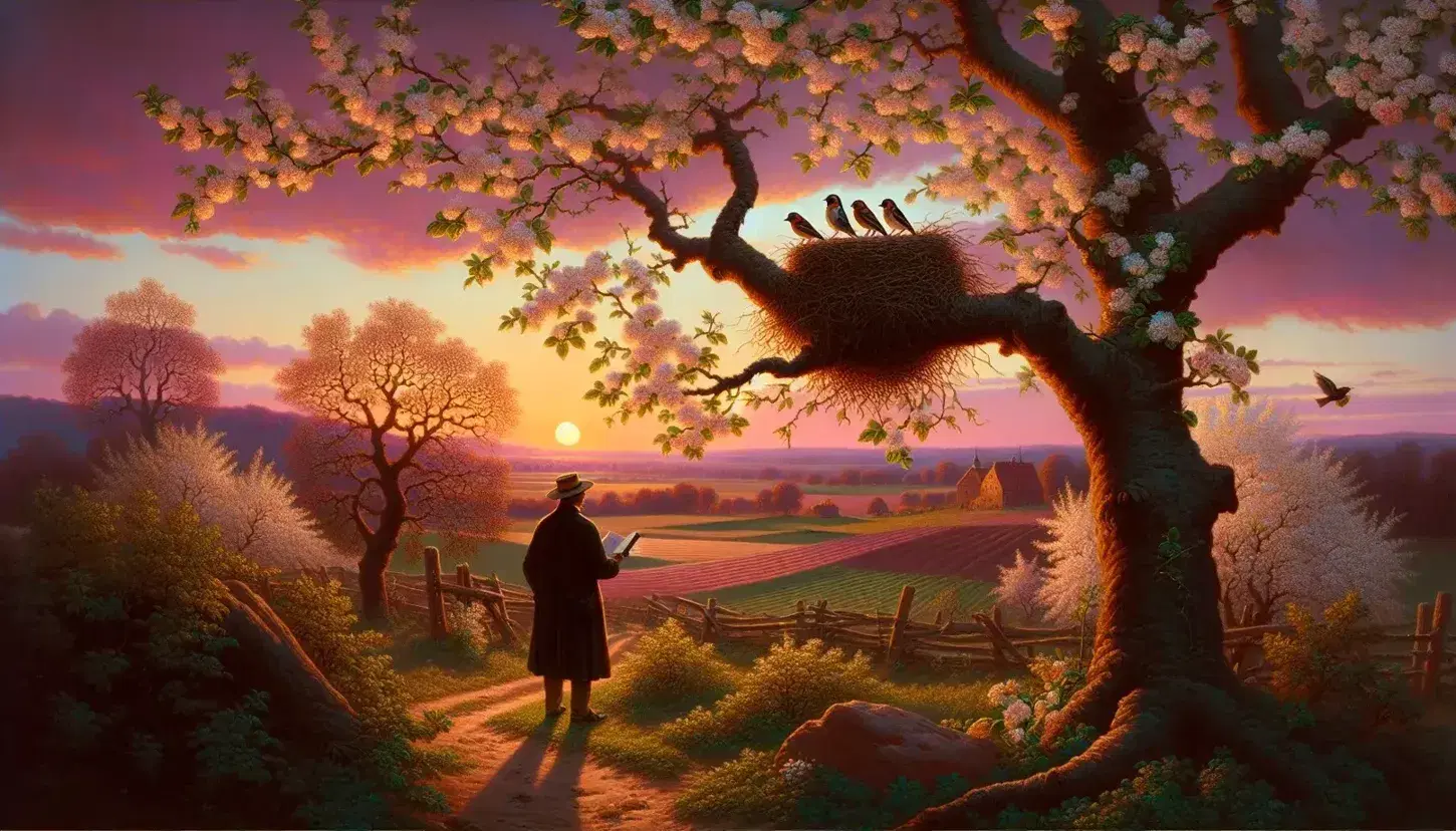 Paesaggio campestre al tramonto con nido e pulcini su albero fiorito, uomo d'epoca che legge camminando e campi coltivati in lontananza.
