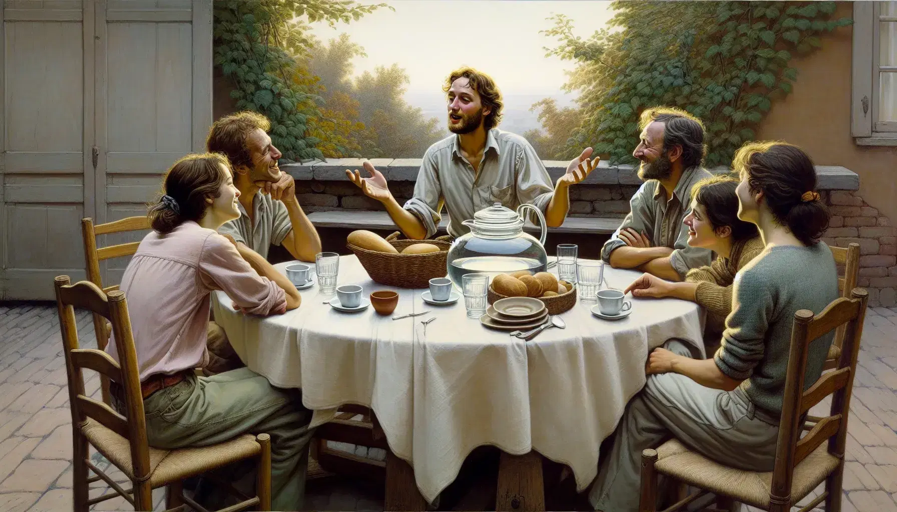 Cuatro personas disfrutan de una conversación animada en una terraza al aire libre, sentadas alrededor de una mesa redonda con mantel claro, jarra de agua y canasta de pan.