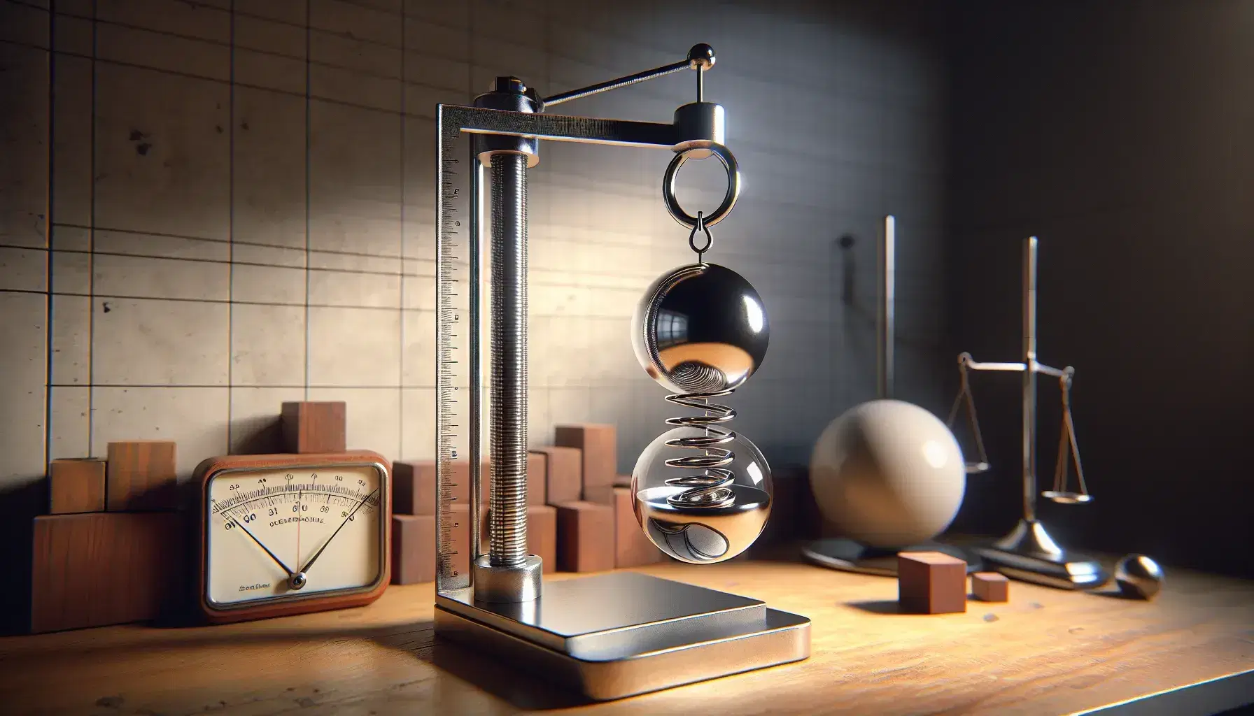 Bilancia a molla verticale con sfera metallica appesa che estende la molla, su banco da lavoro in legno con attrezzi da laboratorio di fisica.
