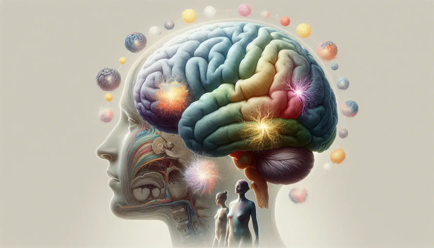 Human brain in profile with colored lobes, brain activity represented by abstract shapes, two human figures in conversation on a neutral background.