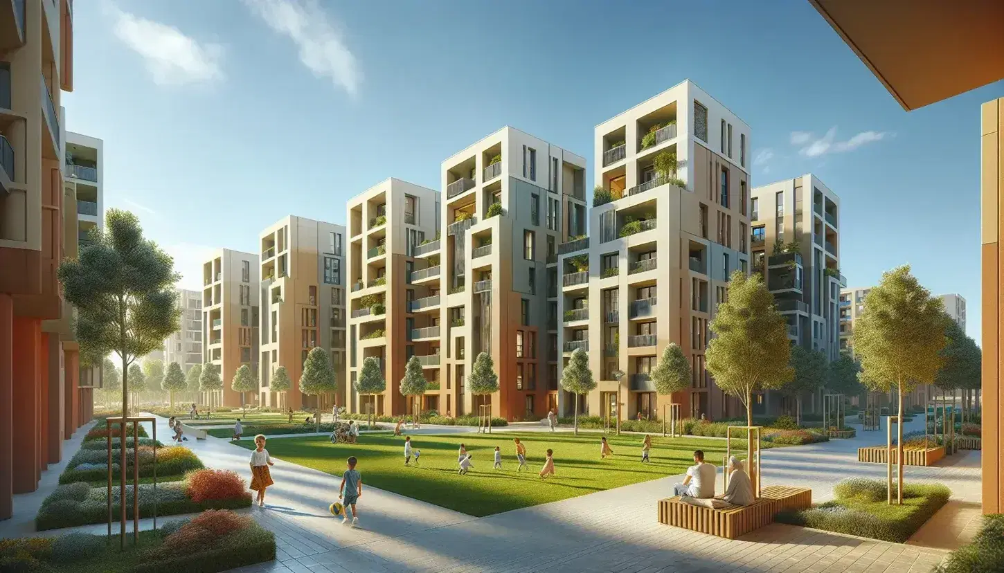 Modern Spanish apartment buildings with terracotta hues, surrounded by green spaces where children play, a couple relaxes, and a person walks a dog under a clear blue sky.