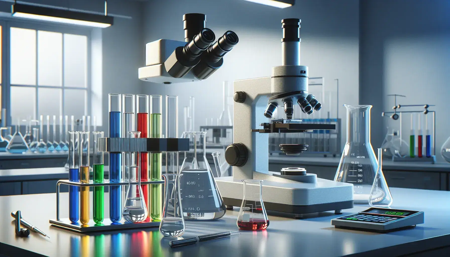 Laboratorio científico con tubos de ensayo de colores en soporte metálico, microscopio plateado y balanza analítica, junto a matraz de Erlenmeyer y vaso con líquido violeta.