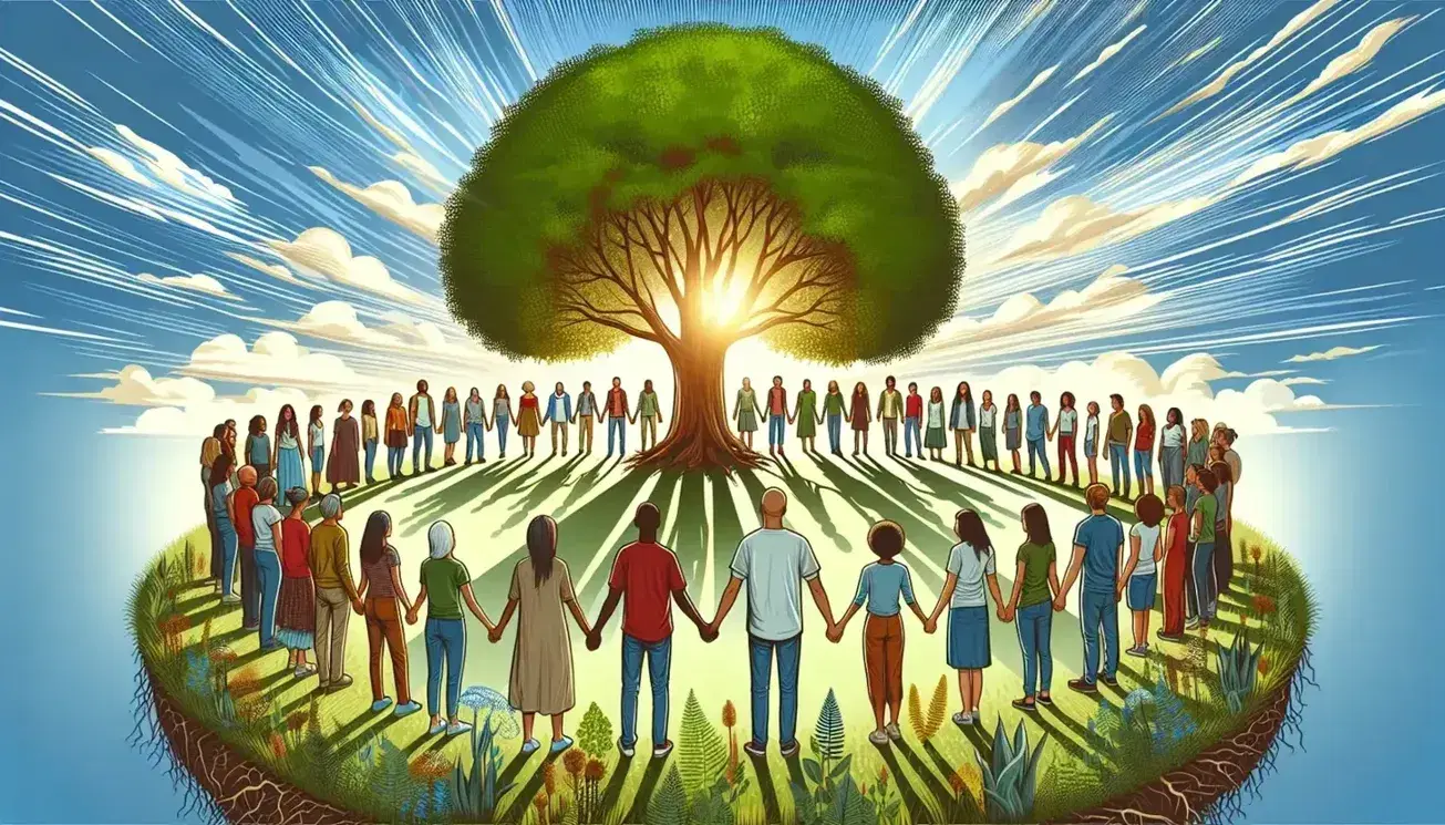 Círculo de personas diversas unidas de la mano alrededor de un árbol frondoso en un día soleado, simbolizando unidad y conexión con la naturaleza.