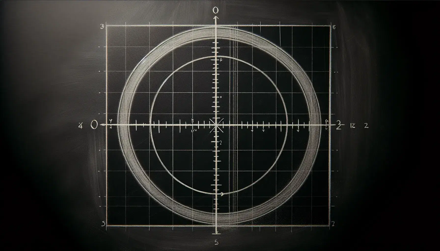 Close-up view of a Cartesian coordinate plane with perpendicular axes and a centered circle on a blackboard, framed by a wooden border.
