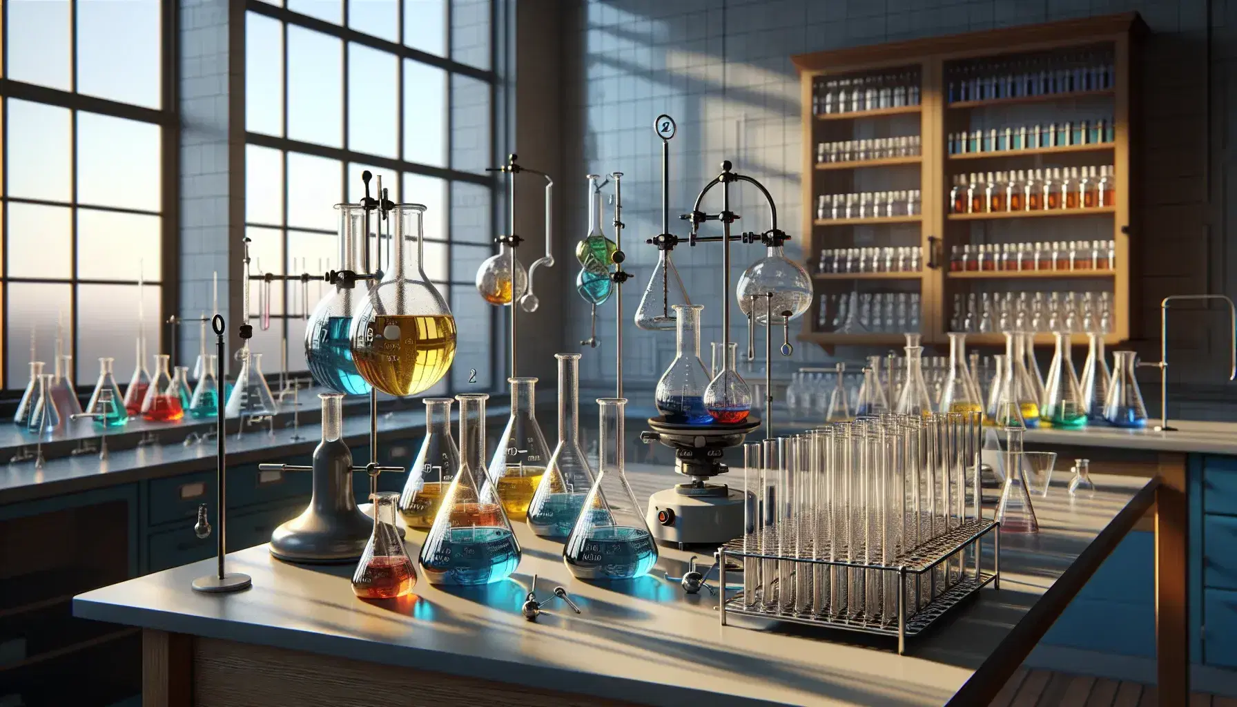 Laboratorio de química iluminado con frascos Erlenmeyer de líquidos coloridos, quemador Bunsen encendido, tubos de ensayo, balanza analítica y microscopio.