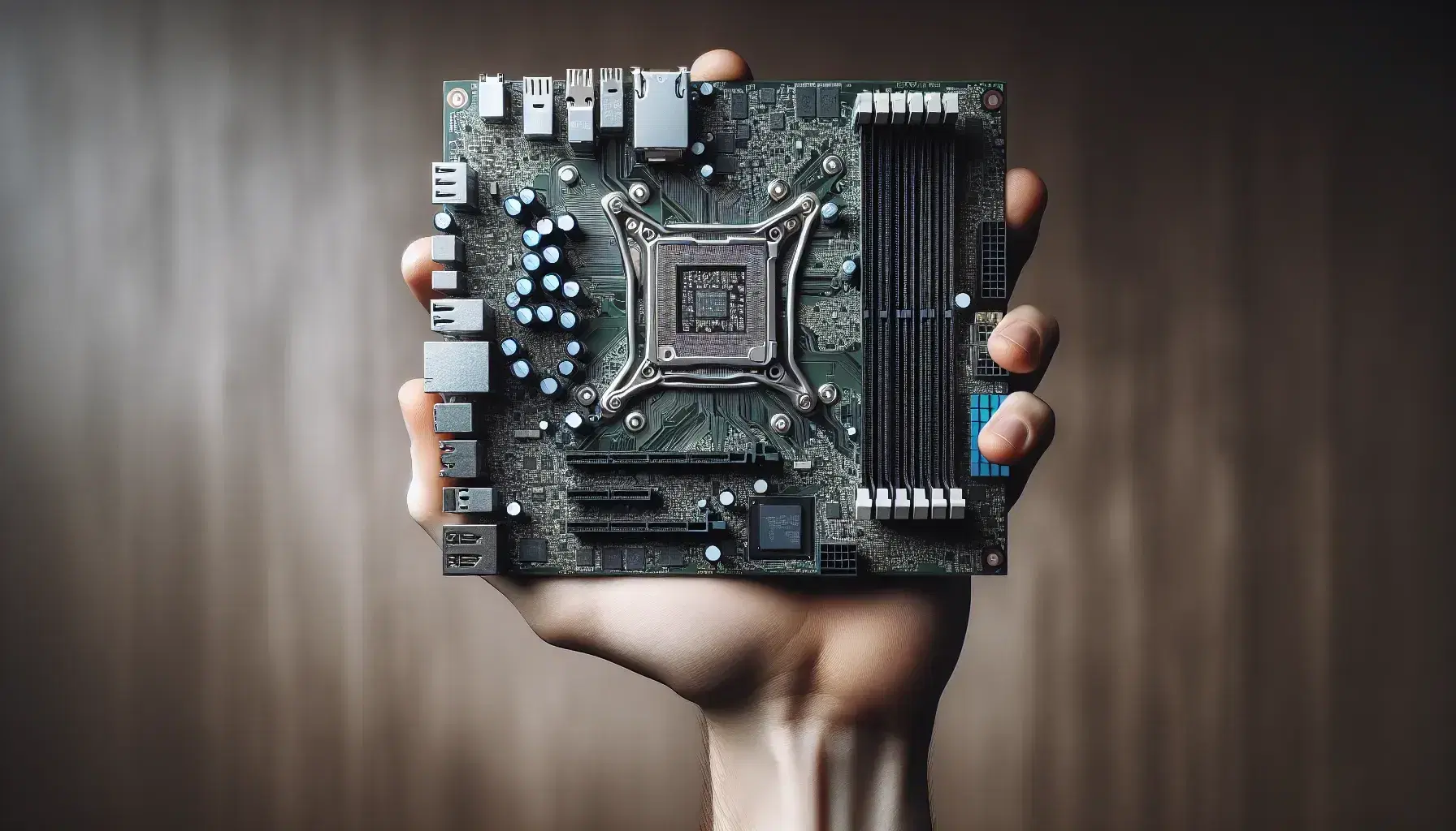 Mano che tiene saldamente una scheda madre di computer verde scuro con tracce di circuito metalliche, condensatori cilindrici e chip rettangolari.