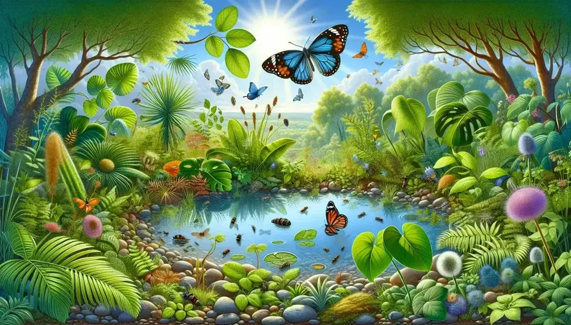 Ecosistema natural con plantas verdes, mariposa de alas naranjas, charca reflejante, piedras, insectos acuáticos y ave cantora en árbol.